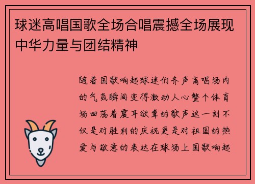 球迷高唱国歌全场合唱震撼全场展现中华力量与团结精神