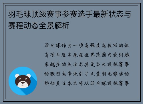 羽毛球顶级赛事参赛选手最新状态与赛程动态全景解析